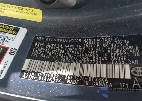 2016 Toyota Corolla L/Le/Le Pls/Prm/S/S Pls z USA, uszkodzony, nr VIN 2T1BURHE0GC527781